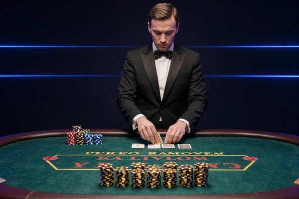 VIP Live-Blackjack-Tisch mit Dealer im Smoking und goldenen Chips