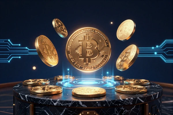 Gold leuchtende Bitcoin- und Ethereum-M&uuml;nzen &uuml;ber dunkler Marmoroberfl&auml;che
