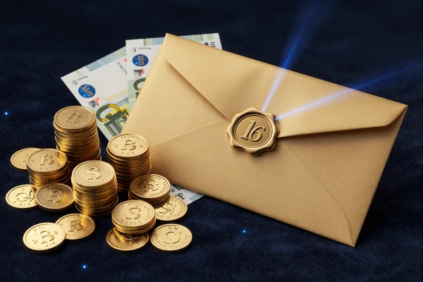 Goldene M&uuml;nzen, Euro-Scheine und versiegelter Umschlag als SlotLounge Welcome-Paket
