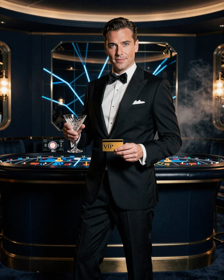 Marcus, der SlotLounge Casino Host im schwarzen Smoking mit Cocktail und goldener VIP-Karte in der dunklen Lounge